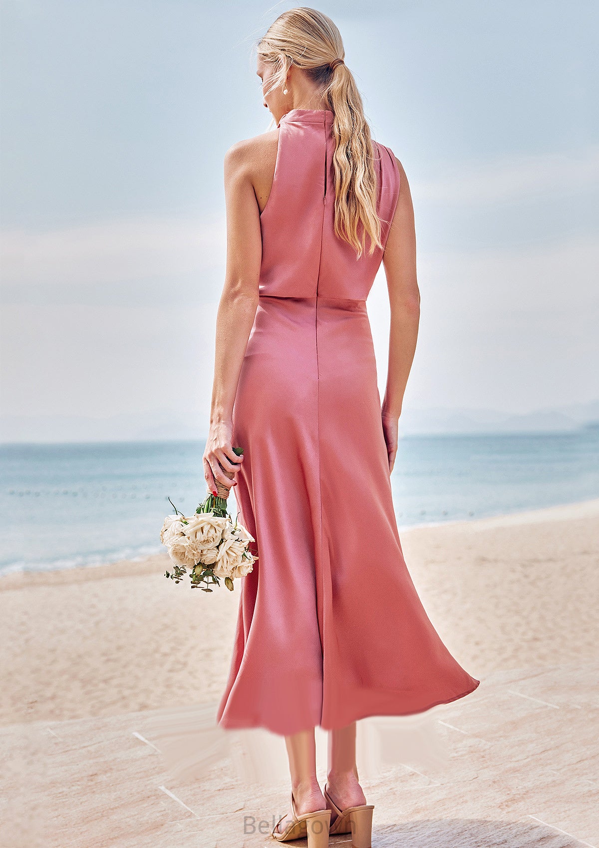 Sheath/Column High-Neck Sleeveless Tea-Length Stretch Satin Bridesmaid Dresses with Pleated Adalynn DNP0025257