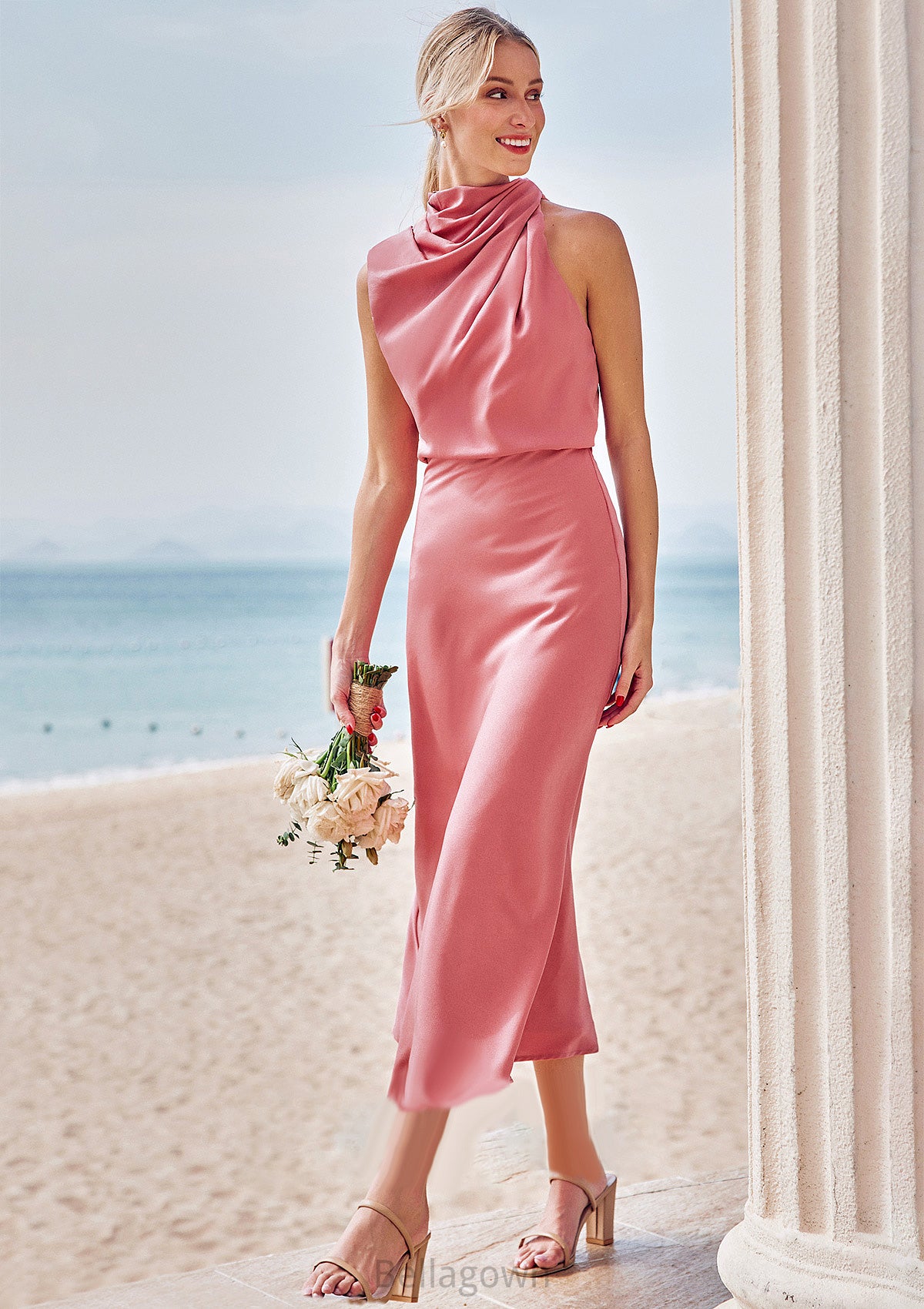 Sheath/Column High-Neck Sleeveless Tea-Length Stretch Satin Bridesmaid Dresses with Pleated Adalynn DNP0025257