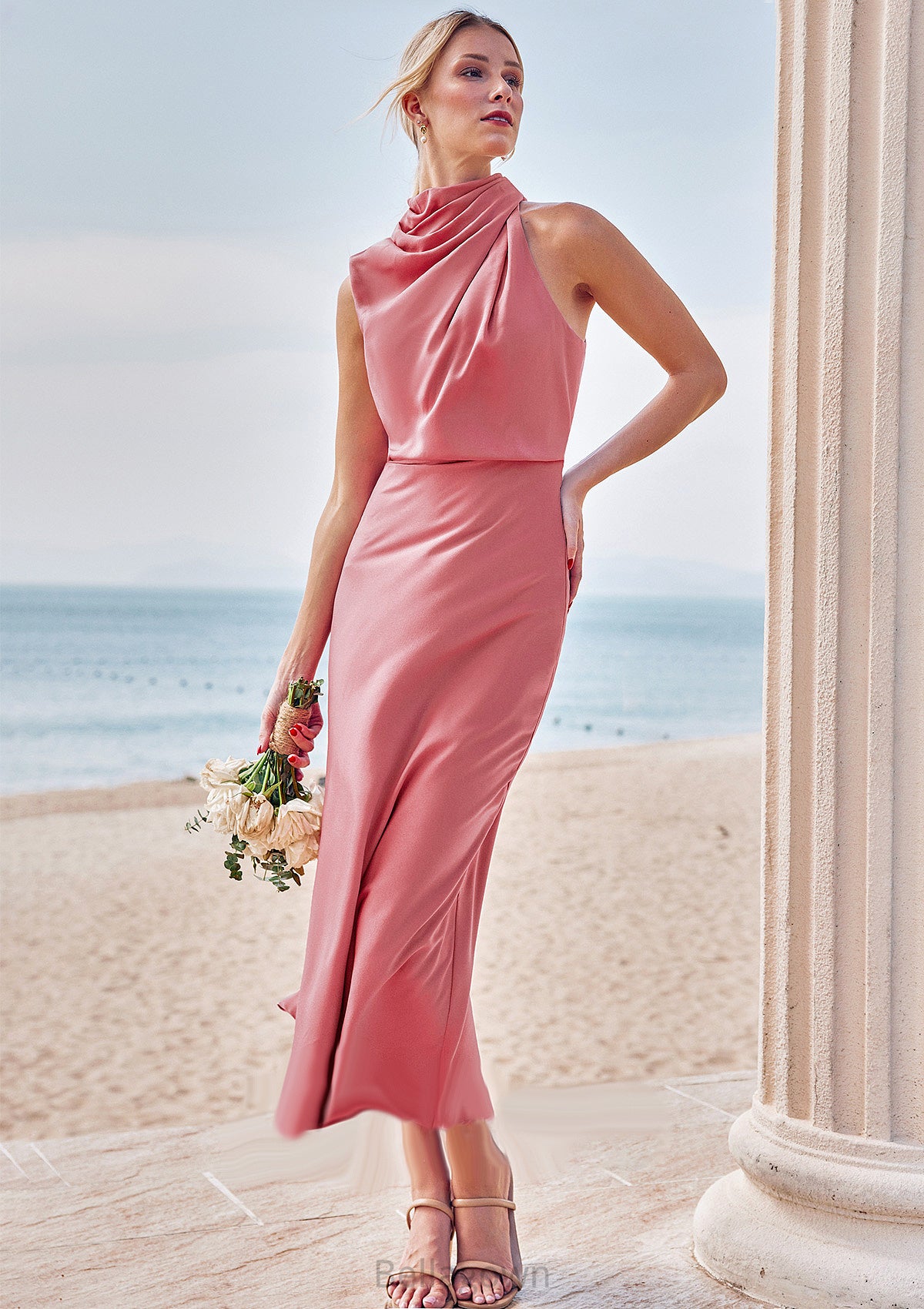 Sheath/Column High-Neck Sleeveless Tea-Length Stretch Satin Bridesmaid Dresses with Pleated Adalynn DNP0025257