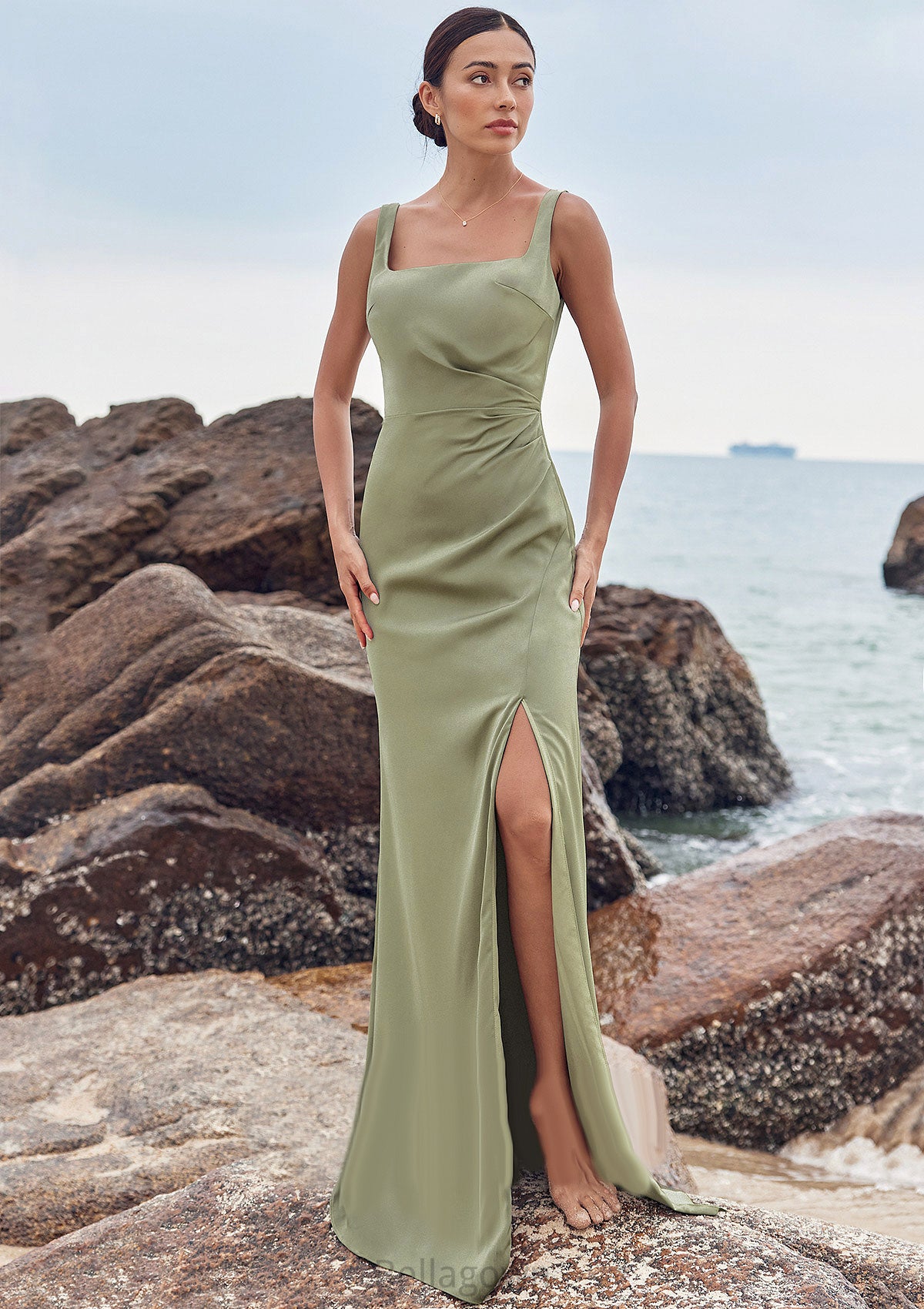 Sheath/Column Square Neckline Sleeveless Floor-Length Stretch Satin Bridesmaid Dresses with Pleated Split Lillian DNP0025258