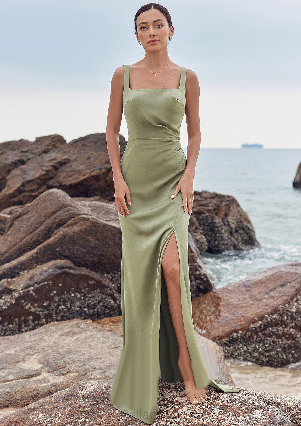 Sheath/Column Square Neckline Sleeveless Floor-Length Stretch Satin Bridesmaid Dresses with Pleated Split Lillian DNP0025258