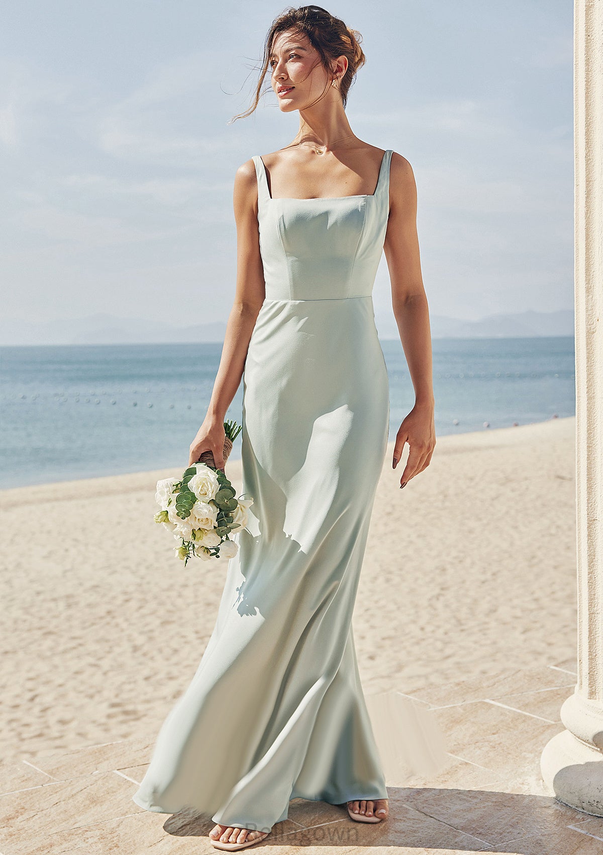 Sheath/Column Square Neckline Sleeveless Floor-Length Stretch Satin Bridesmaid Dresses Liliana DNP0025262