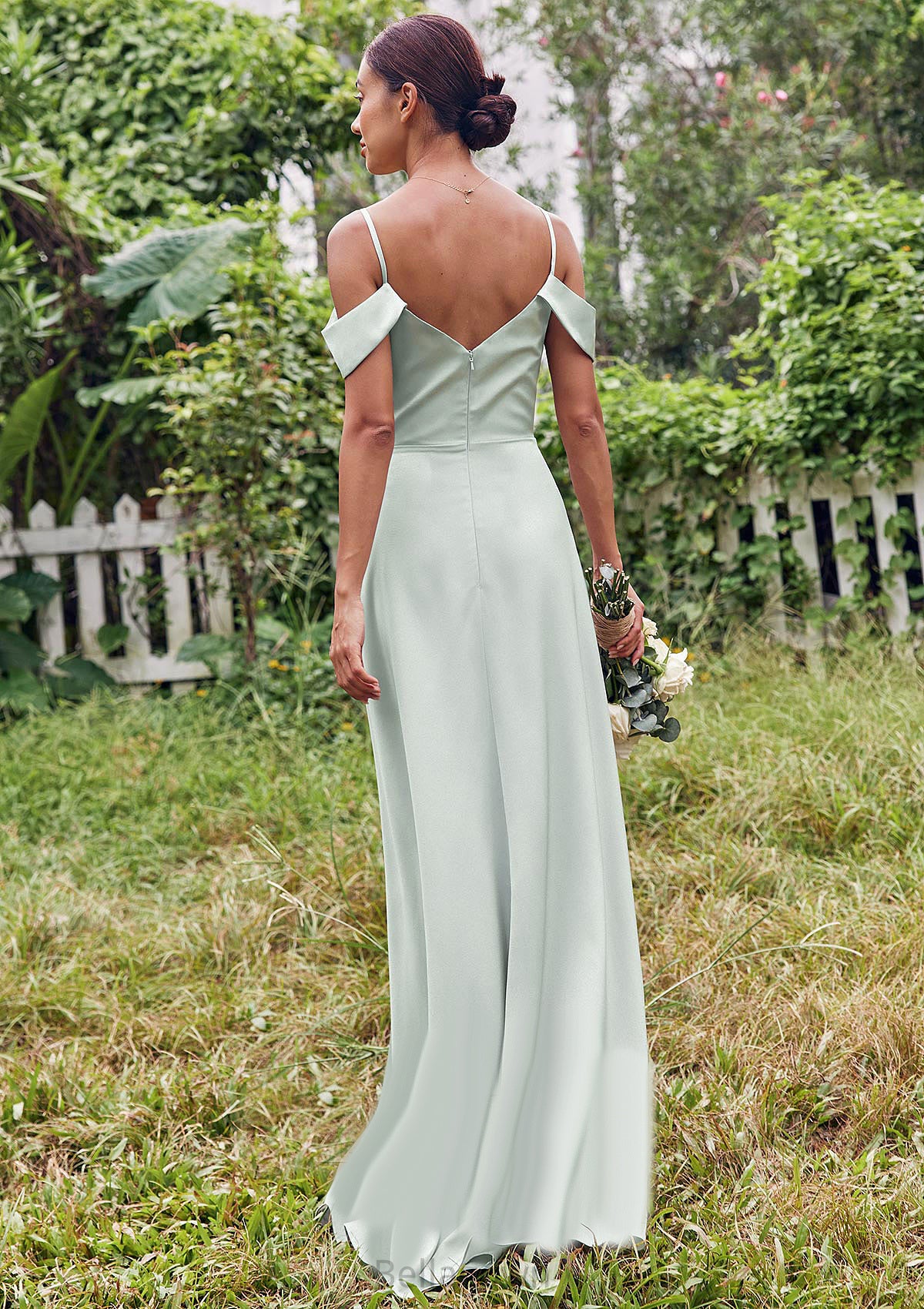 A-line V Neck Sleeveless Floor-Length Stretch Satin Bridesmaid Dresses with Split Raelynn DNP0025263