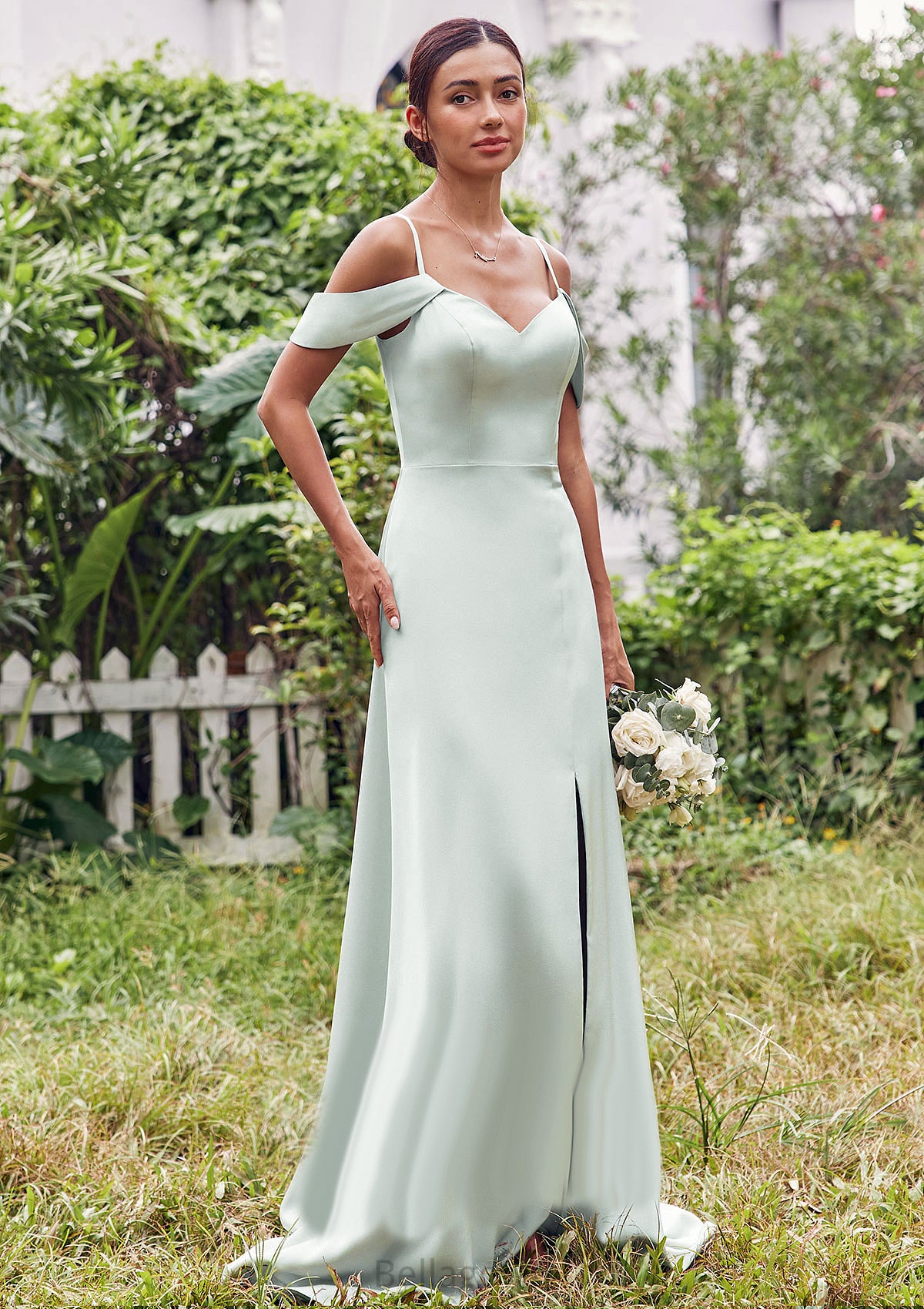 A-line V Neck Sleeveless Floor-Length Stretch Satin Bridesmaid Dresses with Split Raelynn DNP0025263