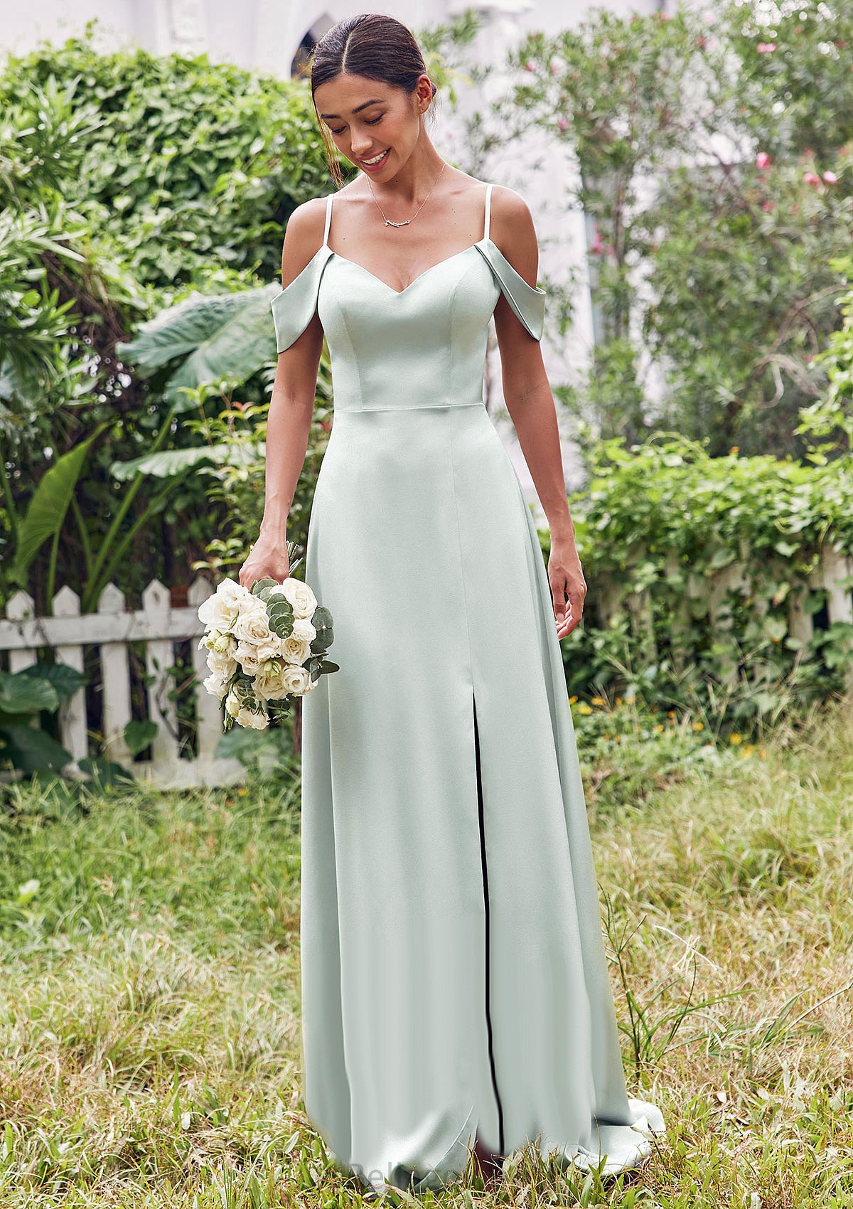 A-line V Neck Sleeveless Floor-Length Stretch Satin Bridesmaid Dresses with Split Raelynn DNP0025263