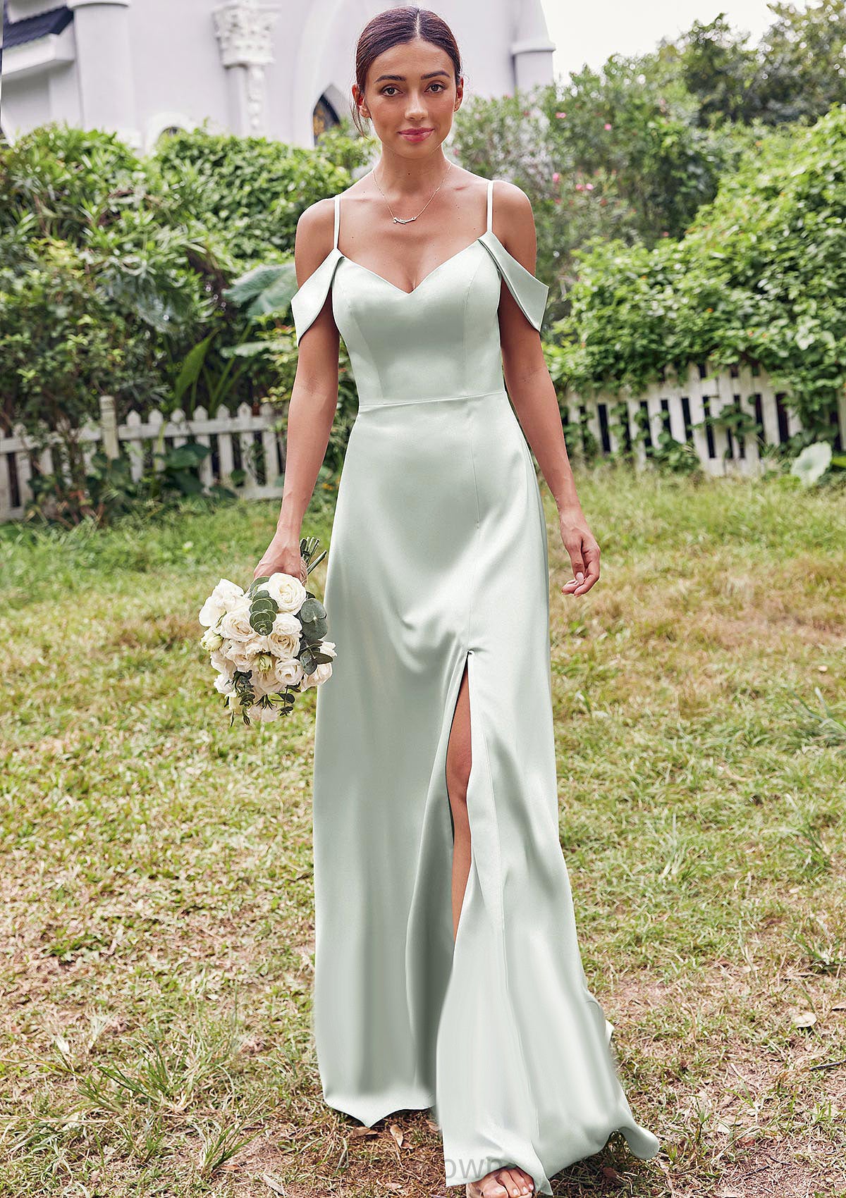 A-line V Neck Sleeveless Floor-Length Stretch Satin Bridesmaid Dresses with Split Raelynn DNP0025263