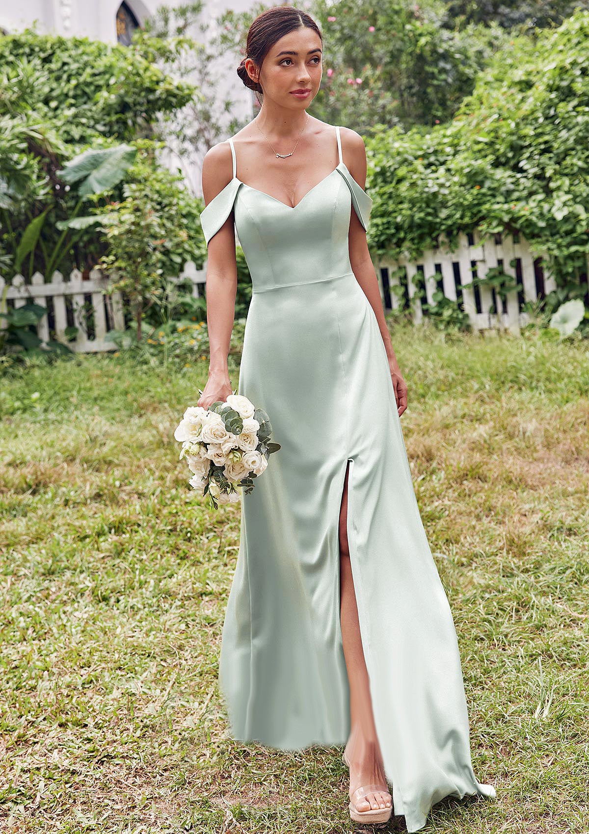 A-line V Neck Sleeveless Floor-Length Stretch Satin Bridesmaid Dresses with Split Raelynn DNP0025263