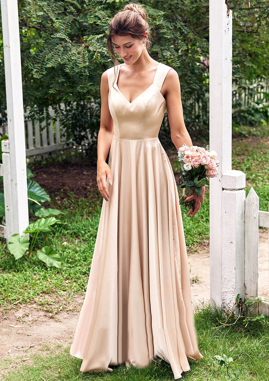 A-line V Neck Sleeveless Floor-Length Stretch Satin Bridesmaid Dresses with Pleated Frances DNP0025266