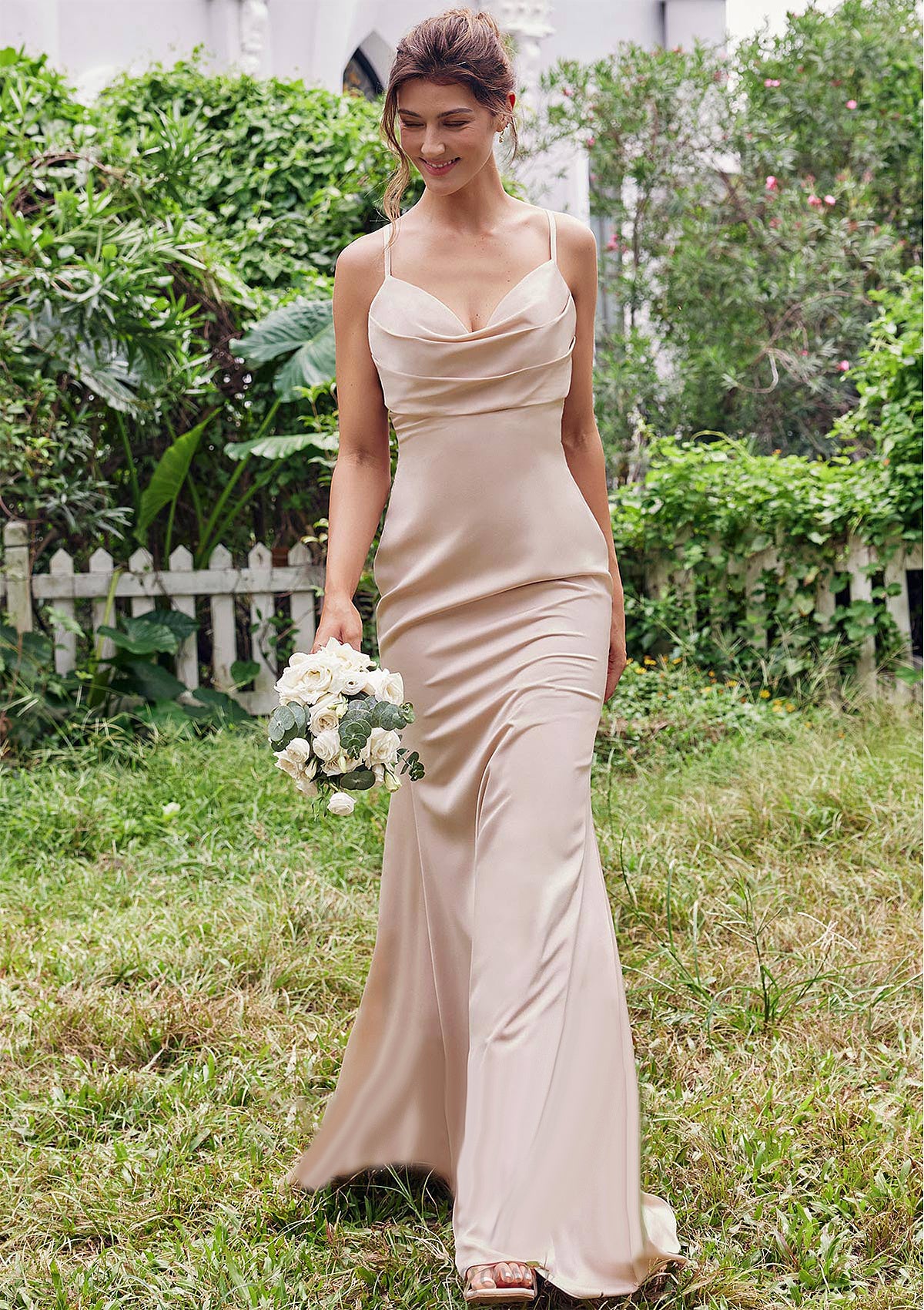 Sheath/Column V Neck Sleeveless Floor-Length Stretch Satin Bridesmaid Dresses with Pleated Madalyn DNP0025267