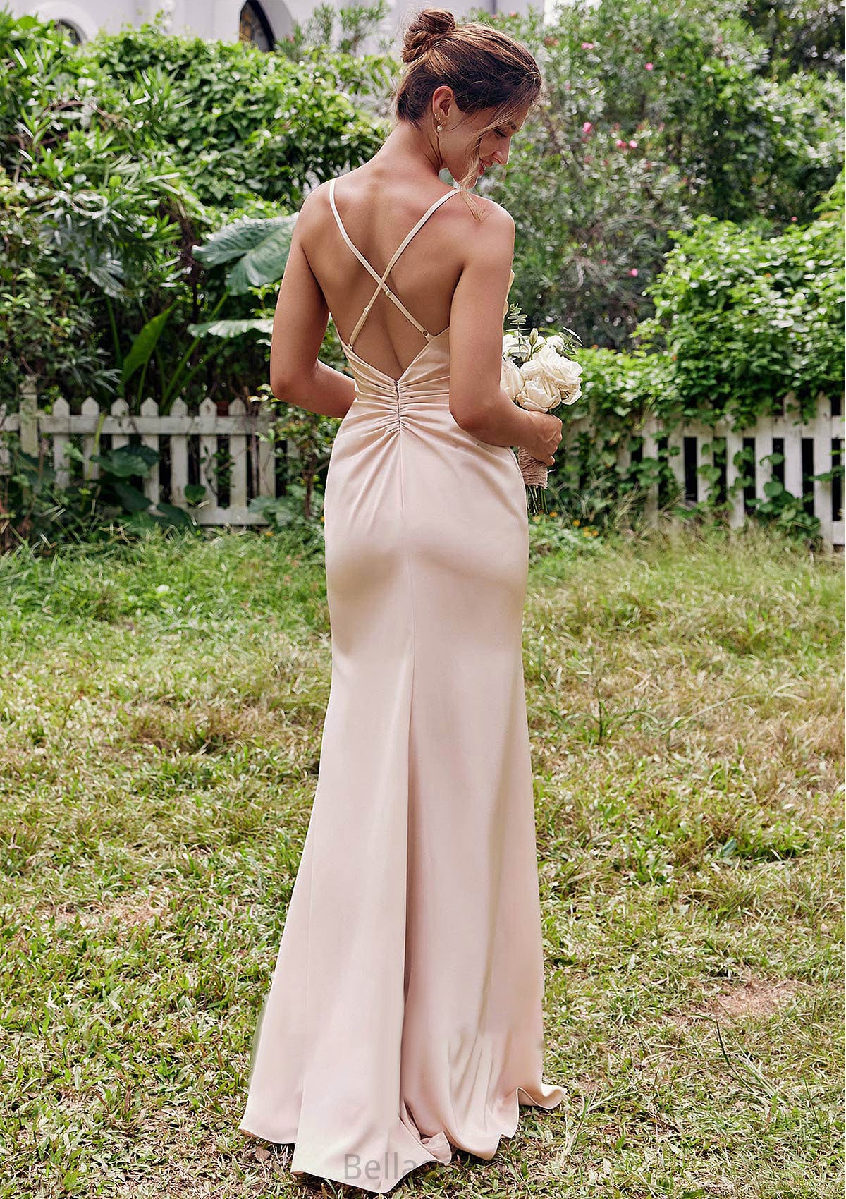 Sheath/Column V Neck Sleeveless Floor-Length Stretch Satin Bridesmaid Dresses with Pleated Madalyn DNP0025267