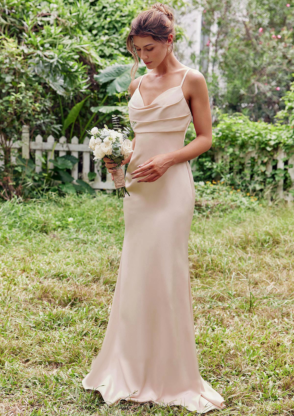 Sheath/Column V Neck Sleeveless Floor-Length Stretch Satin Bridesmaid Dresses with Pleated Madalyn DNP0025267