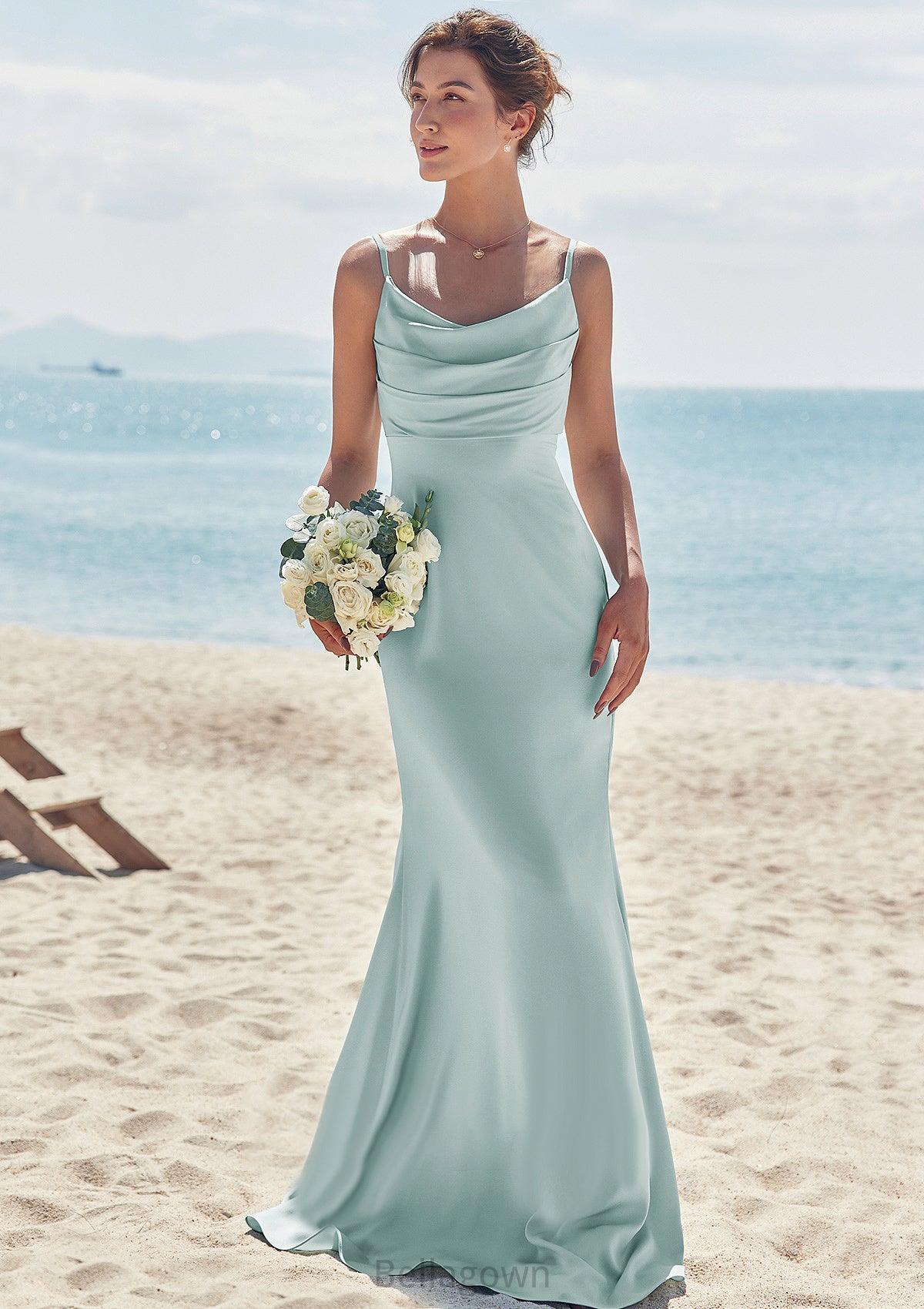 Sheath/Column V Neck Sleeveless Floor-Length Stretch Satin Bridesmaid Dresses with Pleated Camille DNP0025268