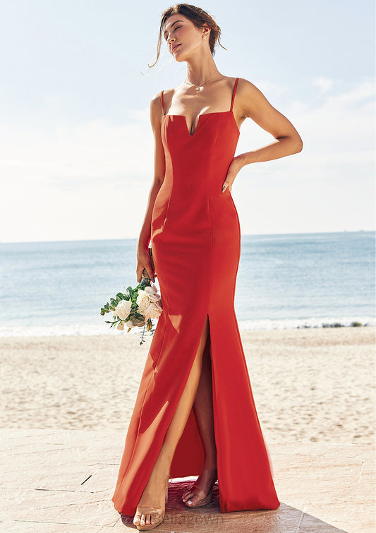 Trumpet/Mermaid V Neck Sleeveless Floor-Length Stretch Crepe Bridesmaid Dresses with Split Selina DNP0025269