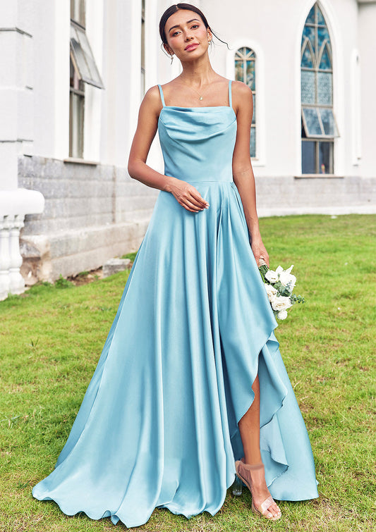 A-line Cowl Neck Sleeveless Floor-Length Stretch Satin Bridesmaid Dresses with Pleated Ruffles Split Penelope DNP0025270