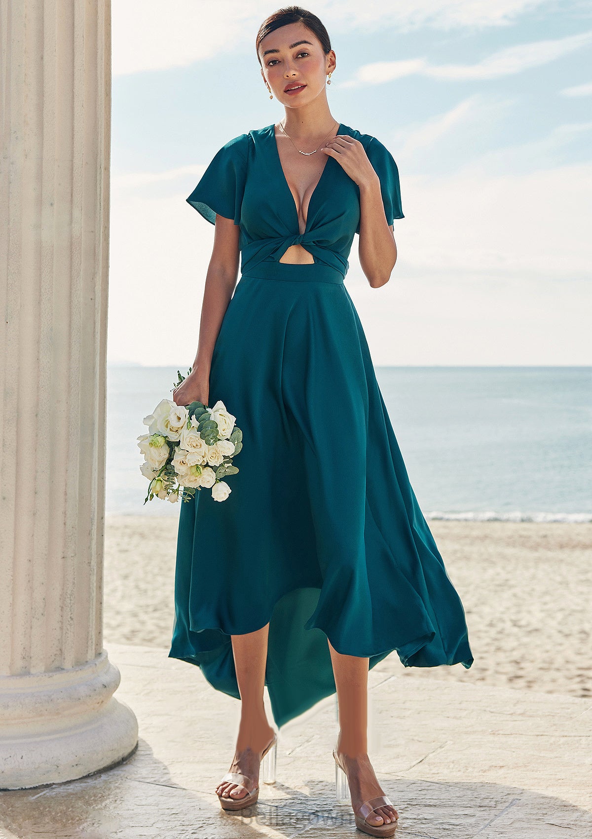 A-line V Neck Short Sleeve Asymmetrical Stretch Satin Bridesmaid Dresses with Bowknot Sashes Justine DNP0025272