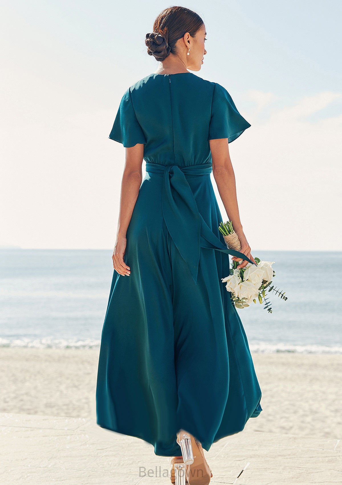 A-line V Neck Short Sleeve Asymmetrical Stretch Satin Bridesmaid Dresses with Bowknot Sashes Justine DNP0025272