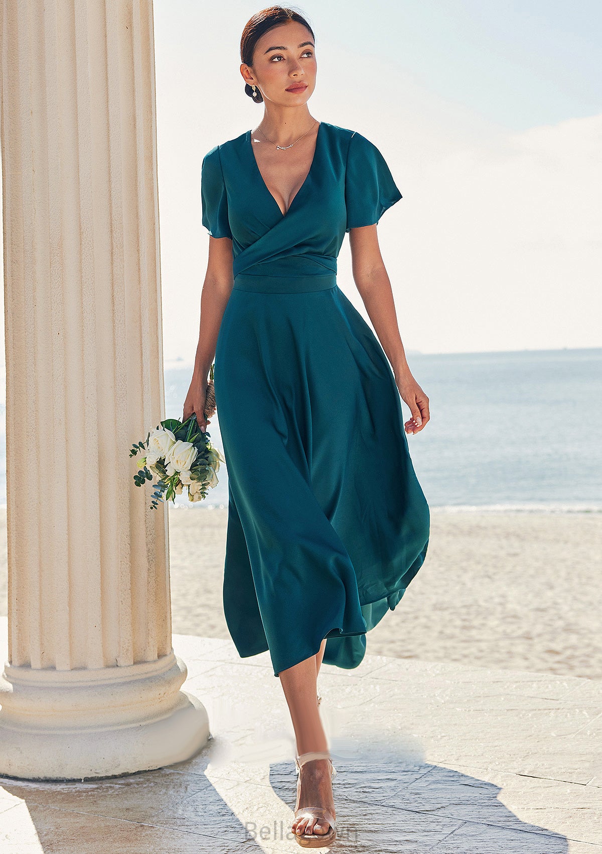 A-line V Neck Short Sleeve Asymmetrical Stretch Satin Bridesmaid Dresses with Bowknot Sashes Justine DNP0025272