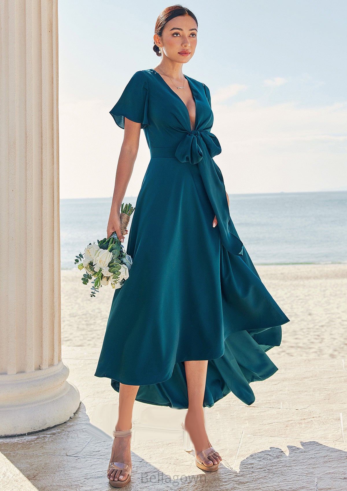 A-line V Neck Short Sleeve Asymmetrical Stretch Satin Bridesmaid Dresses with Bowknot Sashes Justine DNP0025272