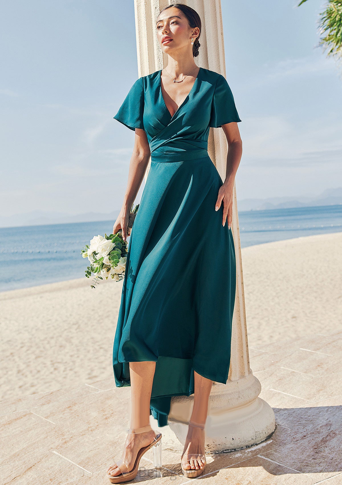 A-line V Neck Short Sleeve Asymmetrical Stretch Satin Bridesmaid Dresses with Bowknot Sashes Justine DNP0025272