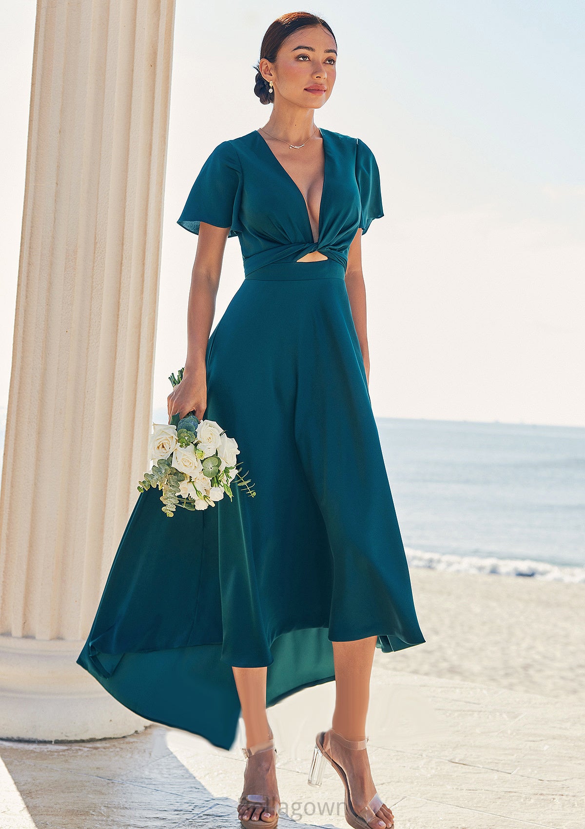 A-line V Neck Short Sleeve Asymmetrical Stretch Satin Bridesmaid Dresses with Bowknot Sashes Justine DNP0025272