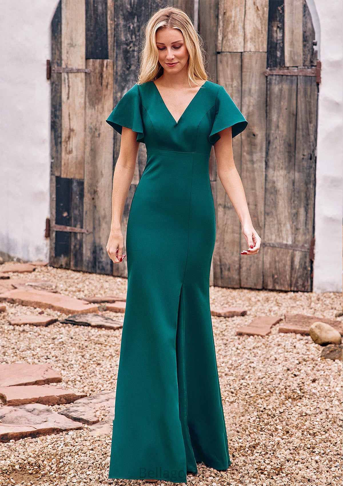 Trumpet/Mermaid V Neck Short Sleeve Stretch Crepe Floor-Length Bridesmaid Dresses with Split Cynthia DNP0025273