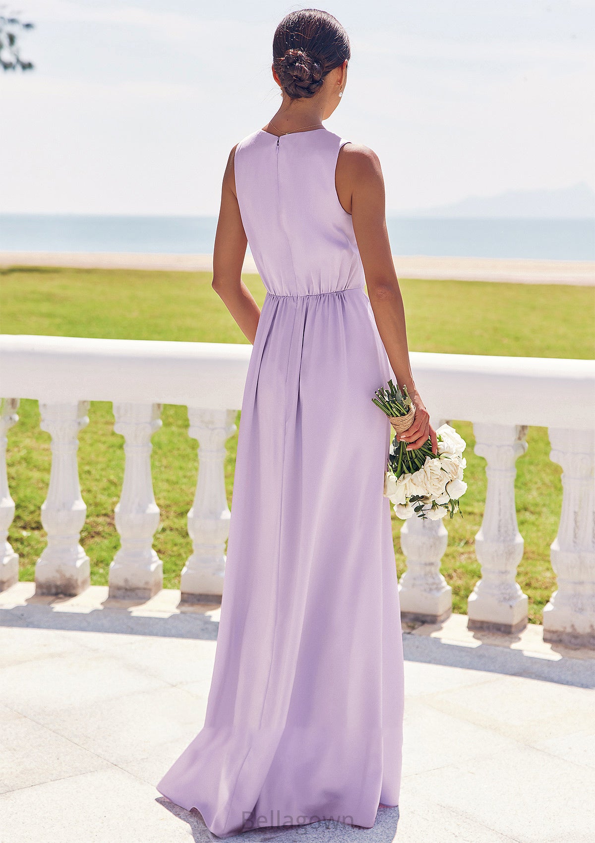 A-line V Neck Sleeveless Floor-Length Stretch Satin Bridesmaid Dresses with Pleated Split Ellen DNP0025276