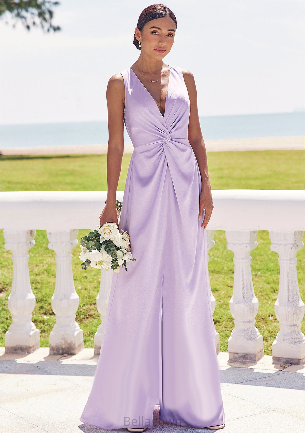 A-line V Neck Sleeveless Floor-Length Stretch Satin Bridesmaid Dresses with Pleated Split Ellen DNP0025276