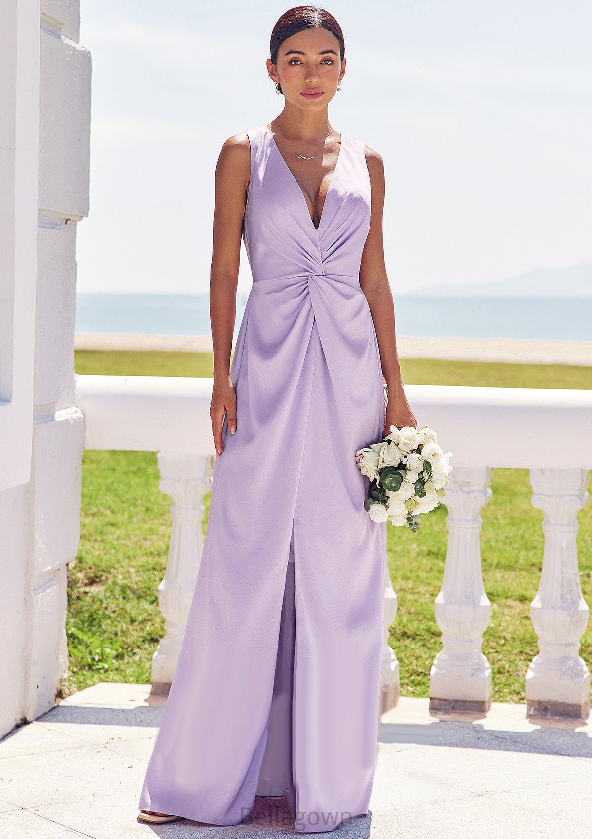 A-line V Neck Sleeveless Floor-Length Stretch Satin Bridesmaid Dresses with Pleated Split Ellen DNP0025276