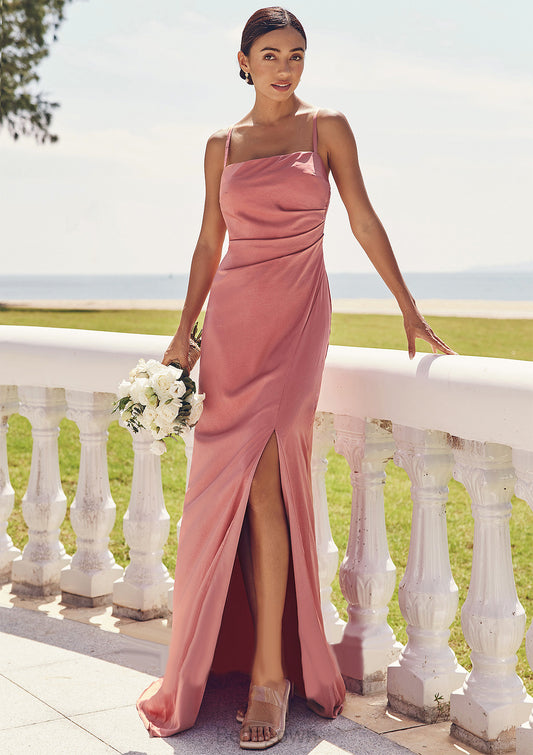 Sheath/Column Square Neckline Sleeveless Floor-Length Stretch Satin Bridesmaid Dresses with Pleated Split Heidy DNP0025277