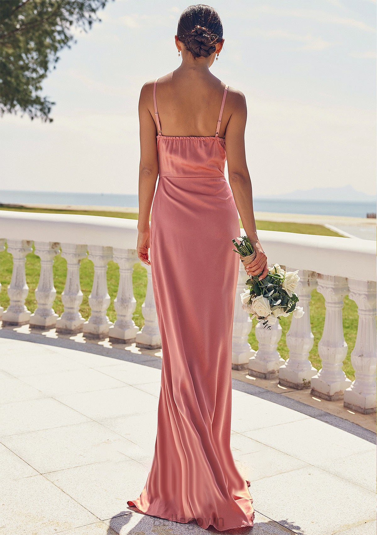 Sheath/Column Square Neckline Sleeveless Floor-Length Stretch Satin Bridesmaid Dresses with Pleated Split Heidy DNP0025277