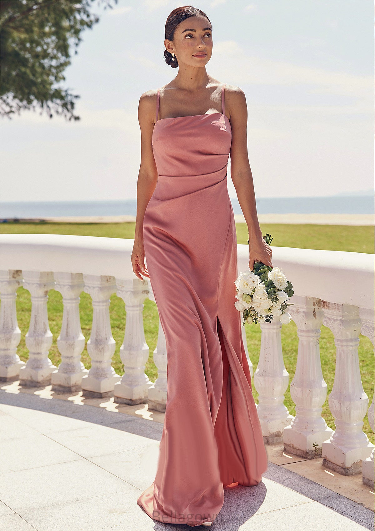 Sheath/Column Square Neckline Sleeveless Floor-Length Stretch Satin Bridesmaid Dresses with Pleated Split Heidy DNP0025277