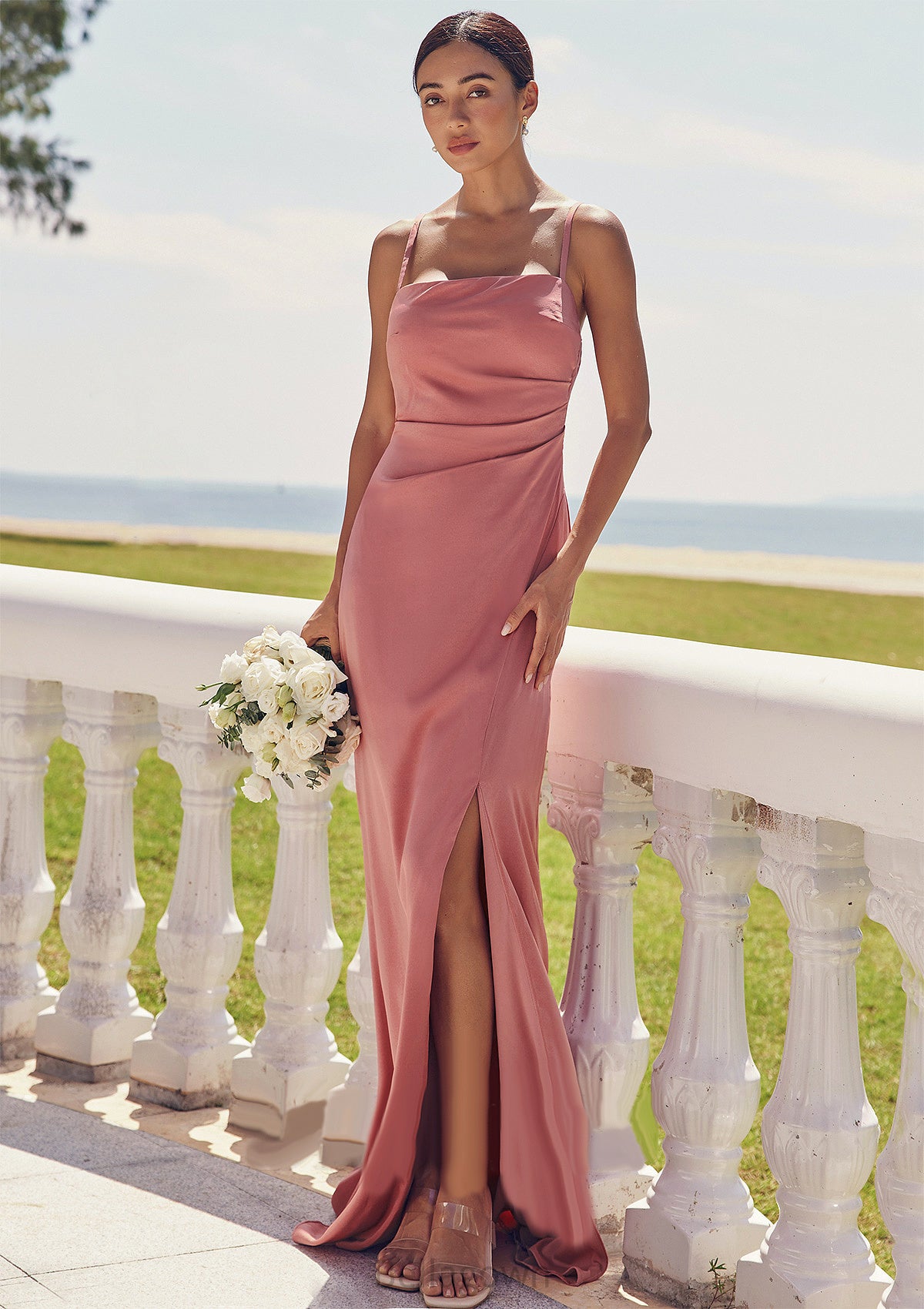 Sheath/Column Square Neckline Sleeveless Floor-Length Stretch Satin Bridesmaid Dresses with Pleated Split Heidy DNP0025277