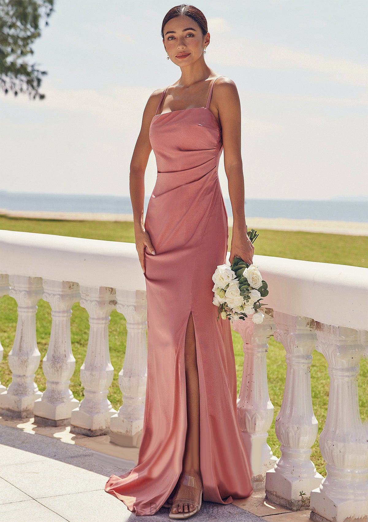 Sheath/Column Square Neckline Sleeveless Floor-Length Stretch Satin Bridesmaid Dresses with Pleated Split Heidy DNP0025277