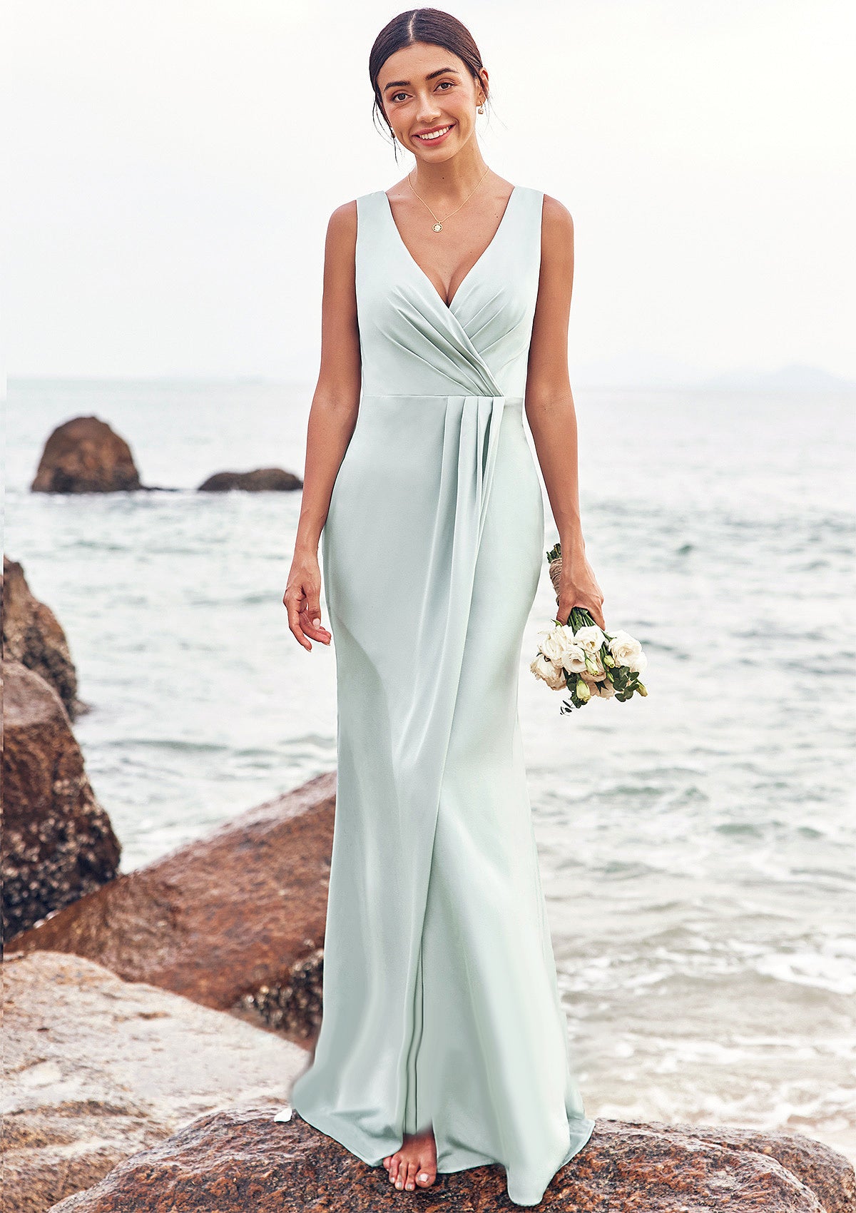 Sheath/Column V Neck Sleeveless Floor-Length Stretch Satin Bridesmaid Dresses with Pleated Split Cynthia DNP0025279