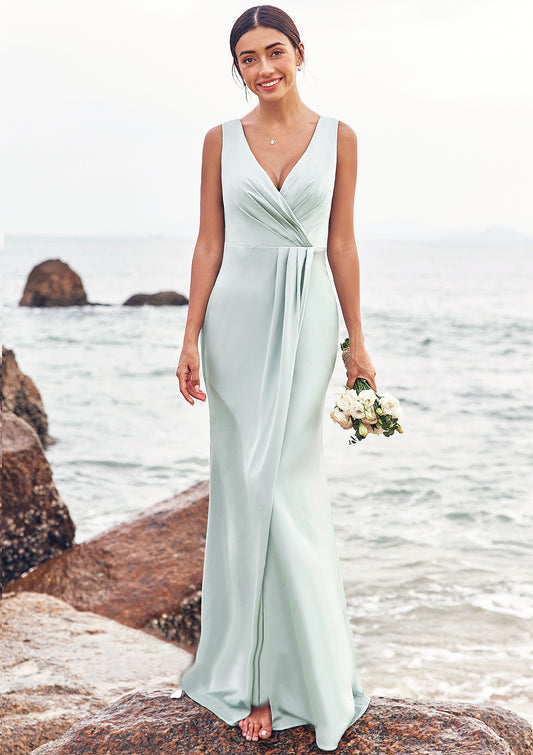 Sheath/Column V Neck Sleeveless Floor-Length Stretch Satin Bridesmaid Dresses with Pleated Split Cynthia DNP0025279