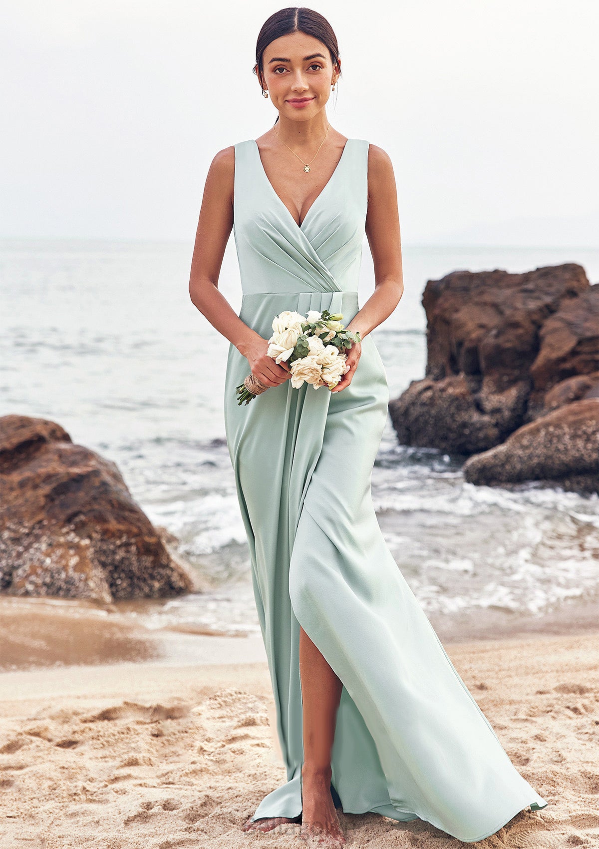 Sheath/Column V Neck Sleeveless Floor-Length Stretch Satin Bridesmaid Dresses with Pleated Split Cynthia DNP0025279