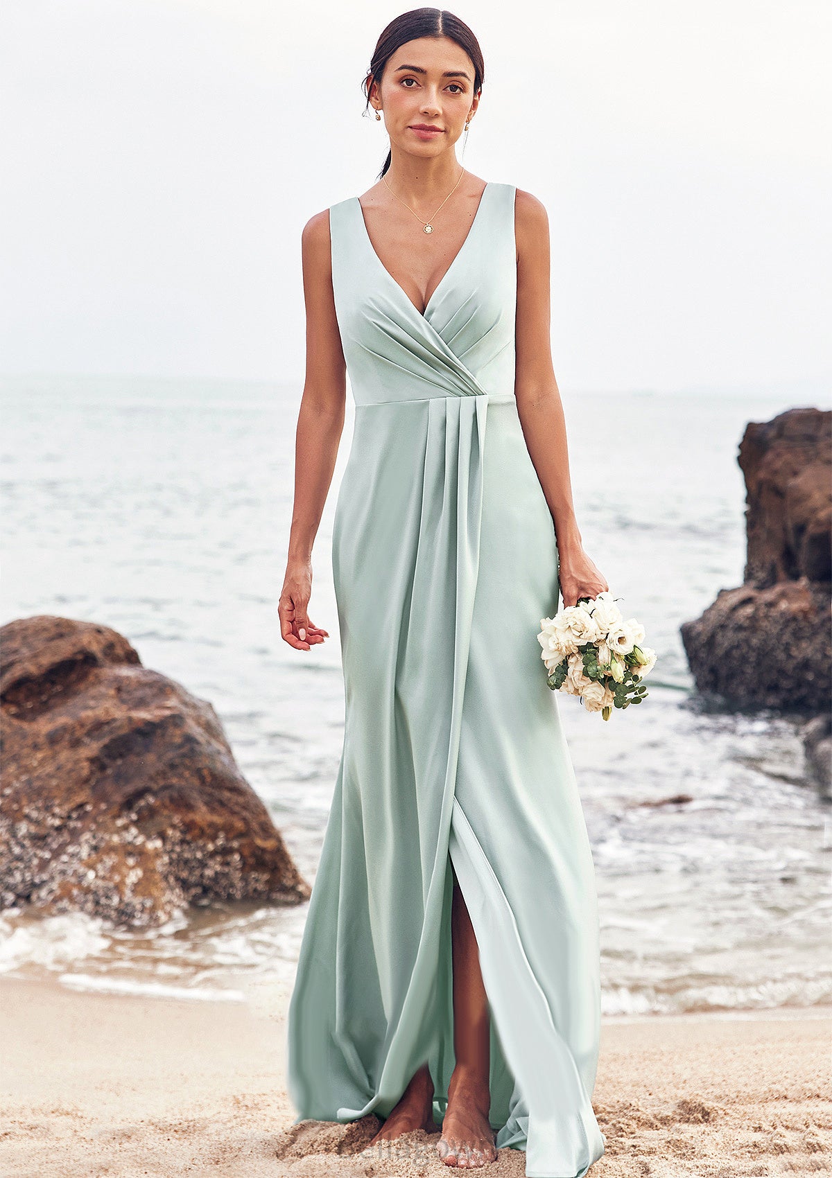 Sheath/Column V Neck Sleeveless Floor-Length Stretch Satin Bridesmaid Dresses with Pleated Split Cynthia DNP0025279