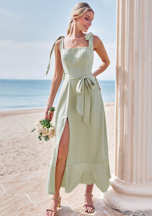 Sheath/Column Square Neckline Sleeveless Tea-Length Stretch Satin Bridesmaid Dresses with Bowknot Ruffles Split Danica DNP0025280