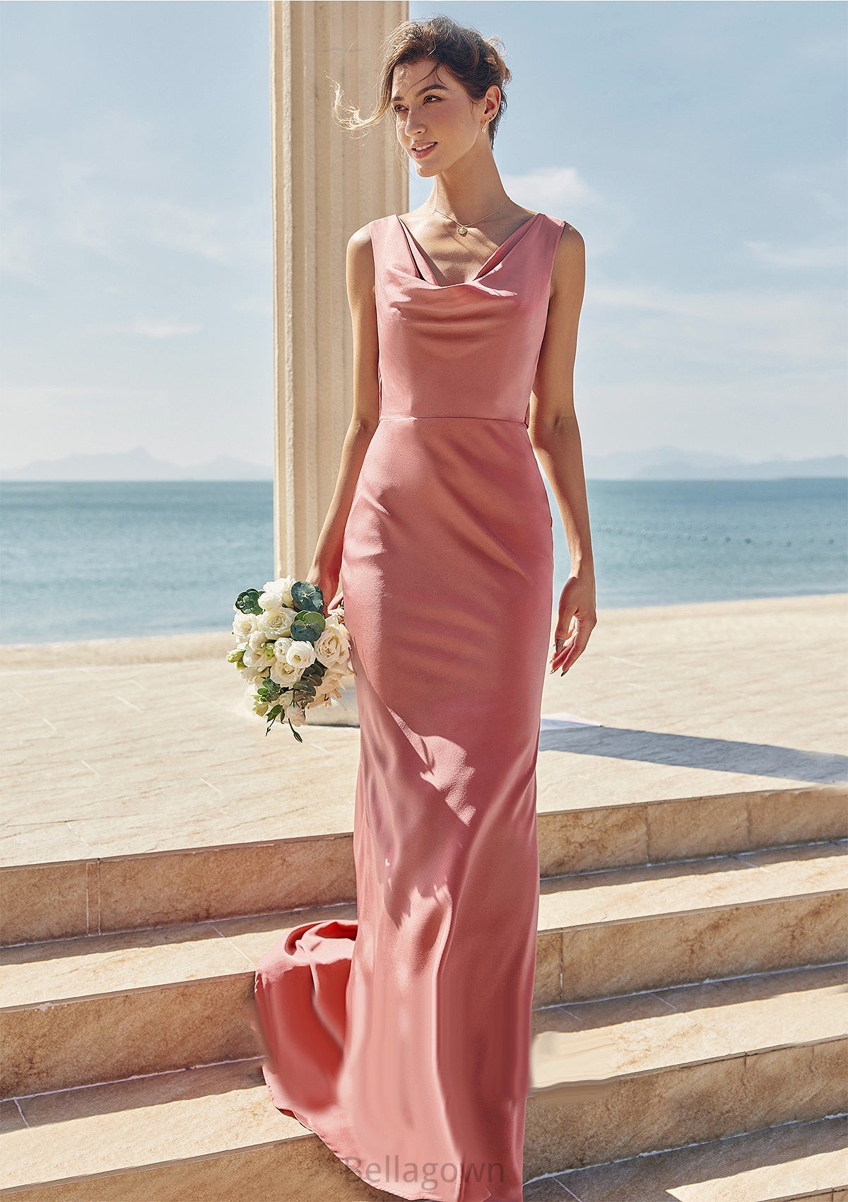 Trumpet/Mermaid Cowl Neck Sleeveless Floor-Length Stretch Satin Bridesmaid Dresses with Sashes Keely DNP0025281