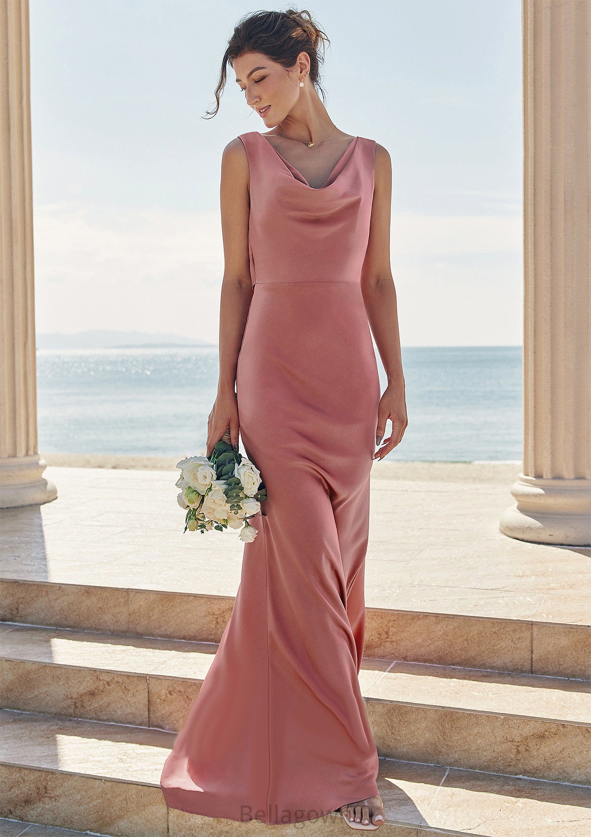 Trumpet/Mermaid Cowl Neck Sleeveless Floor-Length Stretch Satin Bridesmaid Dresses with Sashes Keely DNP0025281