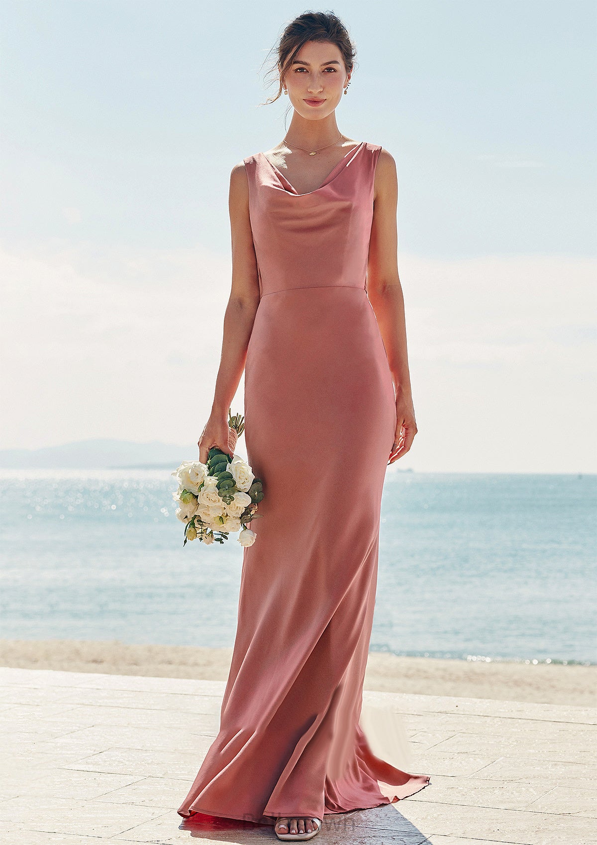 Trumpet/Mermaid Cowl Neck Sleeveless Floor-Length Stretch Satin Bridesmaid Dresses with Sashes Keely DNP0025281