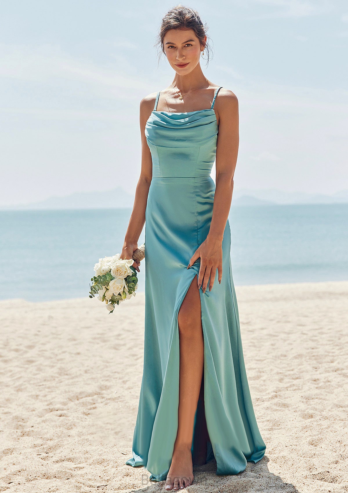 Sheath/Column Square Neckline Sleeveless Floor-Length Stretch Satin Bridesmaid Dresses with Pleated Split Camille DNP0025282