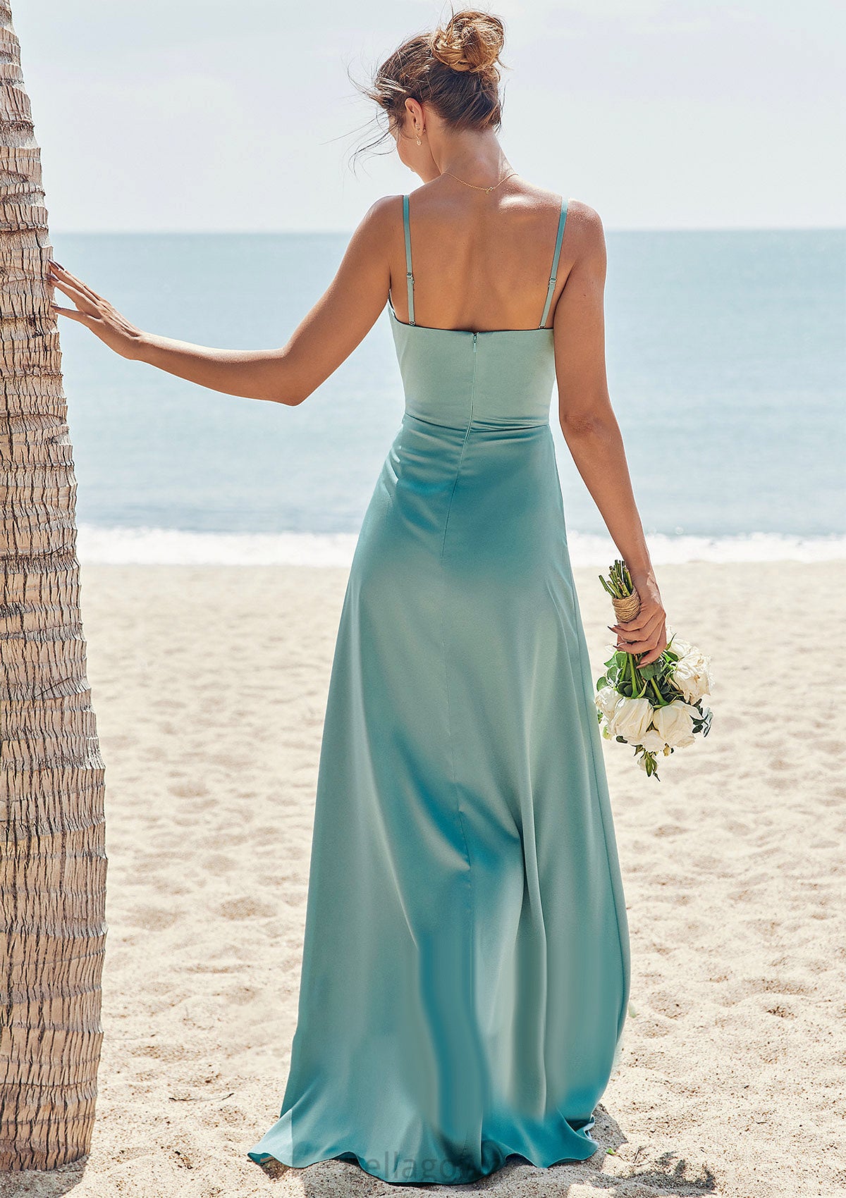 Sheath/Column Square Neckline Sleeveless Floor-Length Stretch Satin Bridesmaid Dresses with Pleated Split Camille DNP0025282