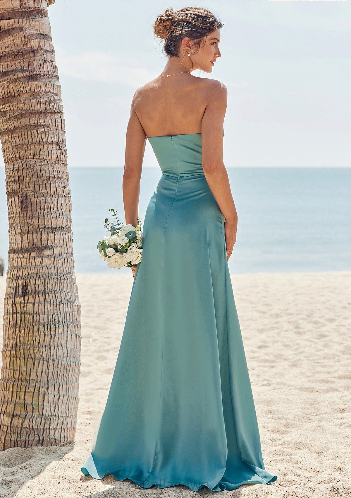 Sheath/Column Square Neckline Sleeveless Floor-Length Stretch Satin Bridesmaid Dresses with Pleated Split Camille DNP0025282