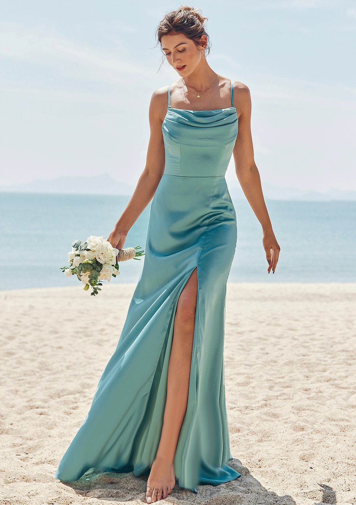 Sheath/Column Square Neckline Sleeveless Floor-Length Stretch Satin Bridesmaid Dresses with Pleated Split Camille DNP0025282