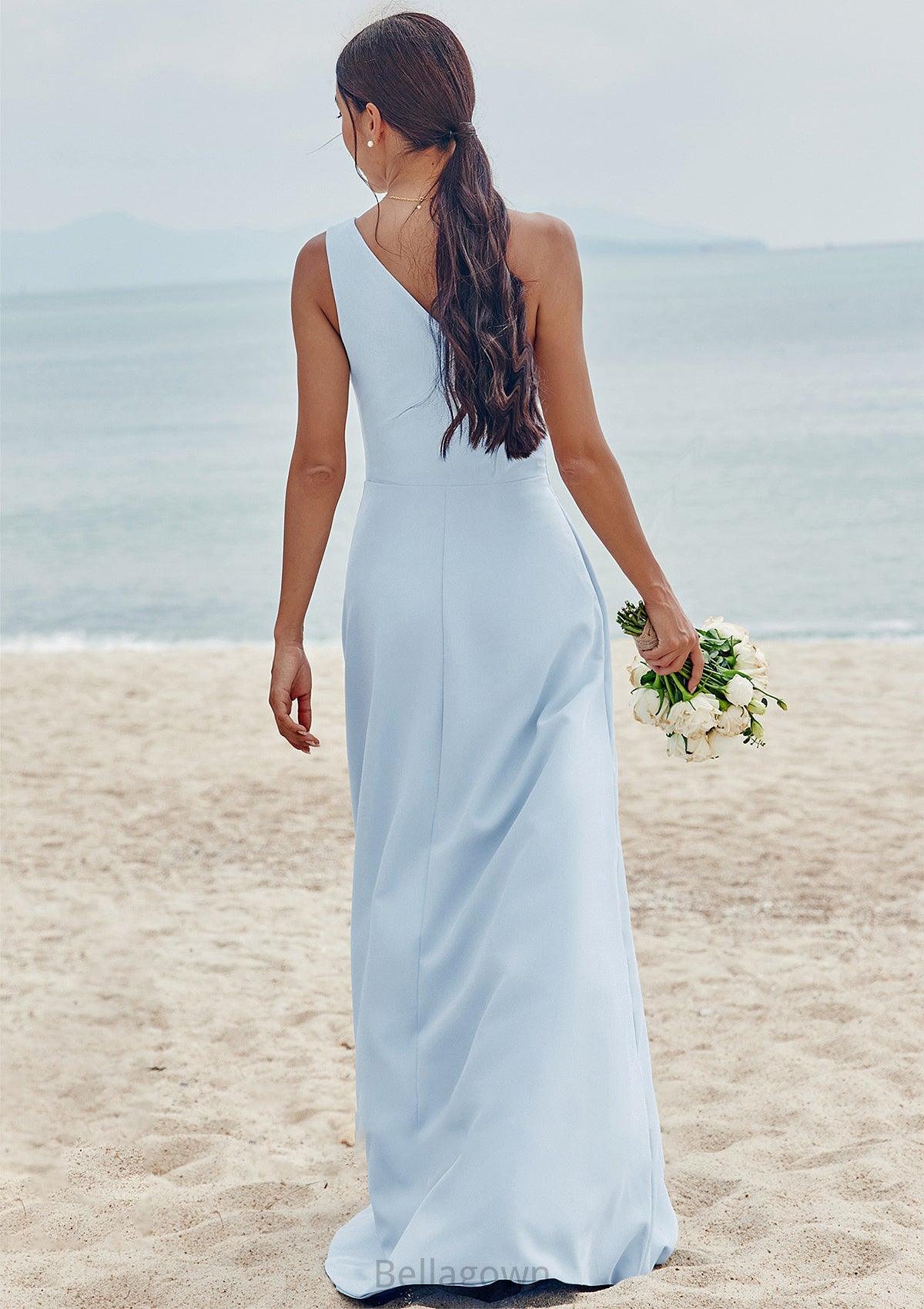 A-line One-Shoulder Sleeveless Floor-Length Stretch Crepe Bridesmaid Dresses with Pleated Split Zaria DNP0025284