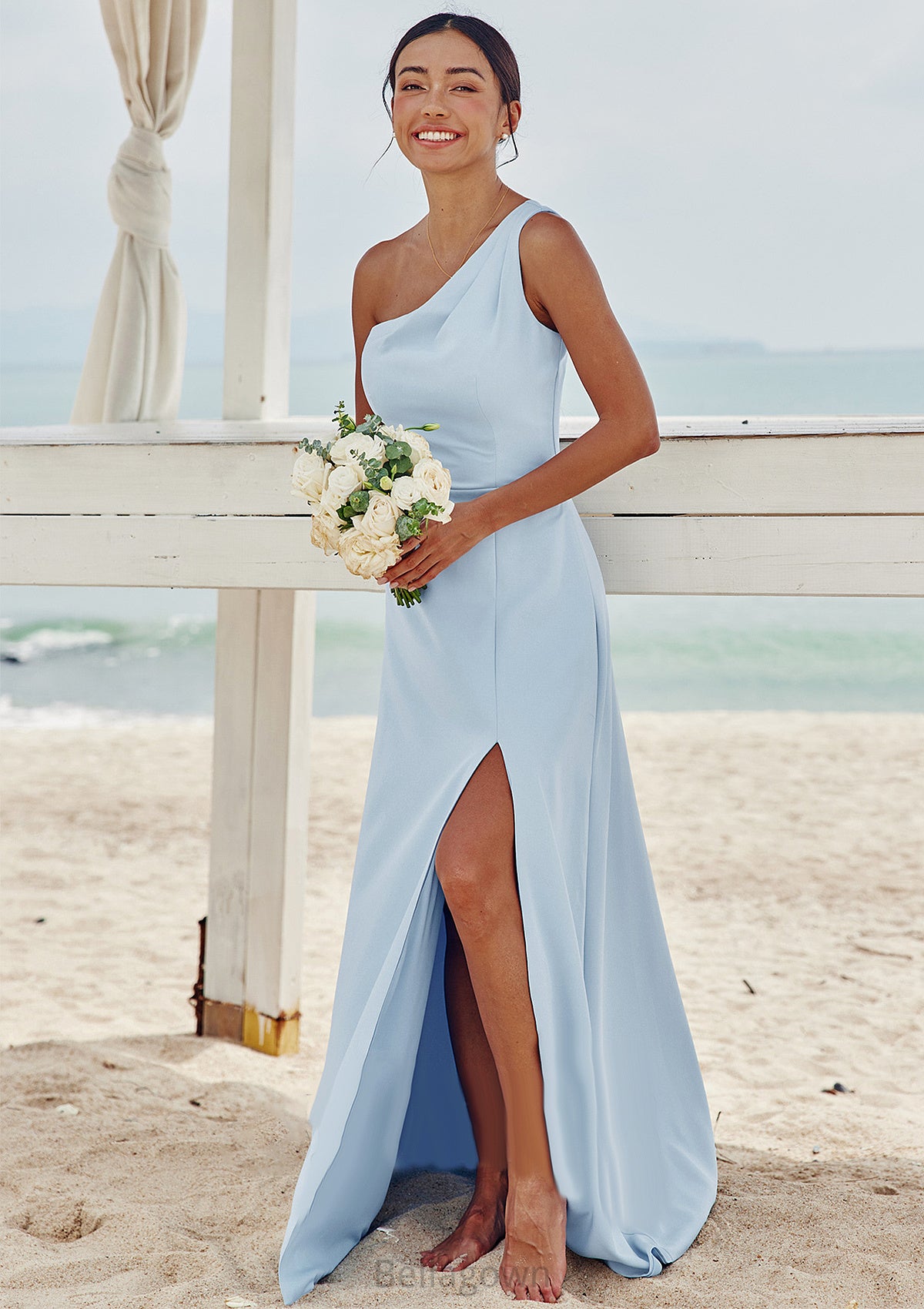 A-line One-Shoulder Sleeveless Floor-Length Stretch Crepe Bridesmaid Dresses with Pleated Split Zaria DNP0025284