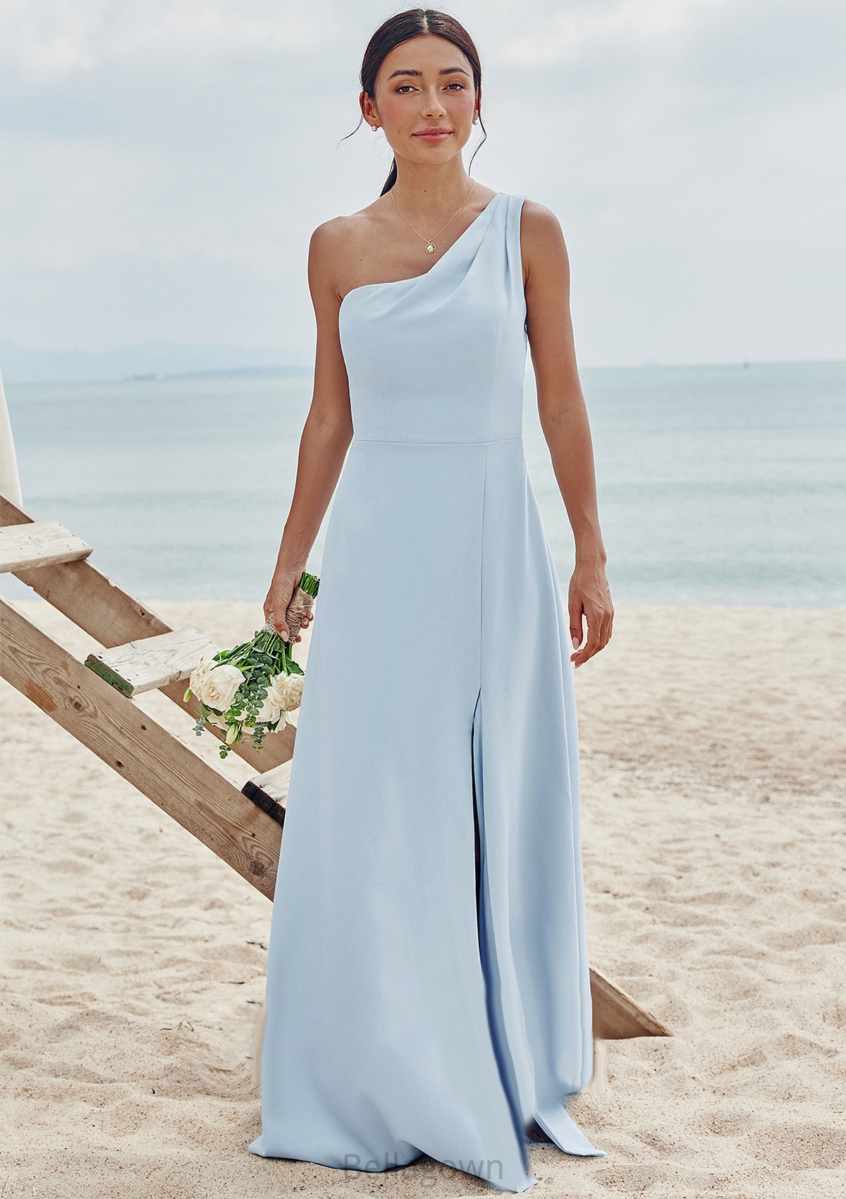 A-line One-Shoulder Sleeveless Floor-Length Stretch Crepe Bridesmaid Dresses with Pleated Split Zaria DNP0025284