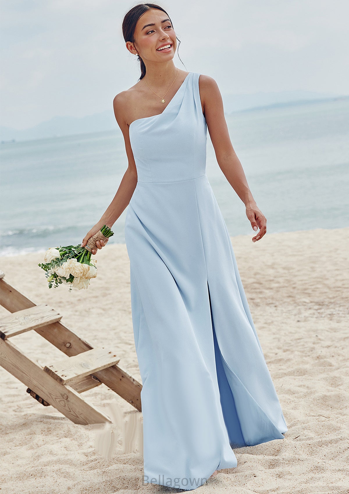 A-line One-Shoulder Sleeveless Floor-Length Stretch Crepe Bridesmaid Dresses with Pleated Split Zaria DNP0025284