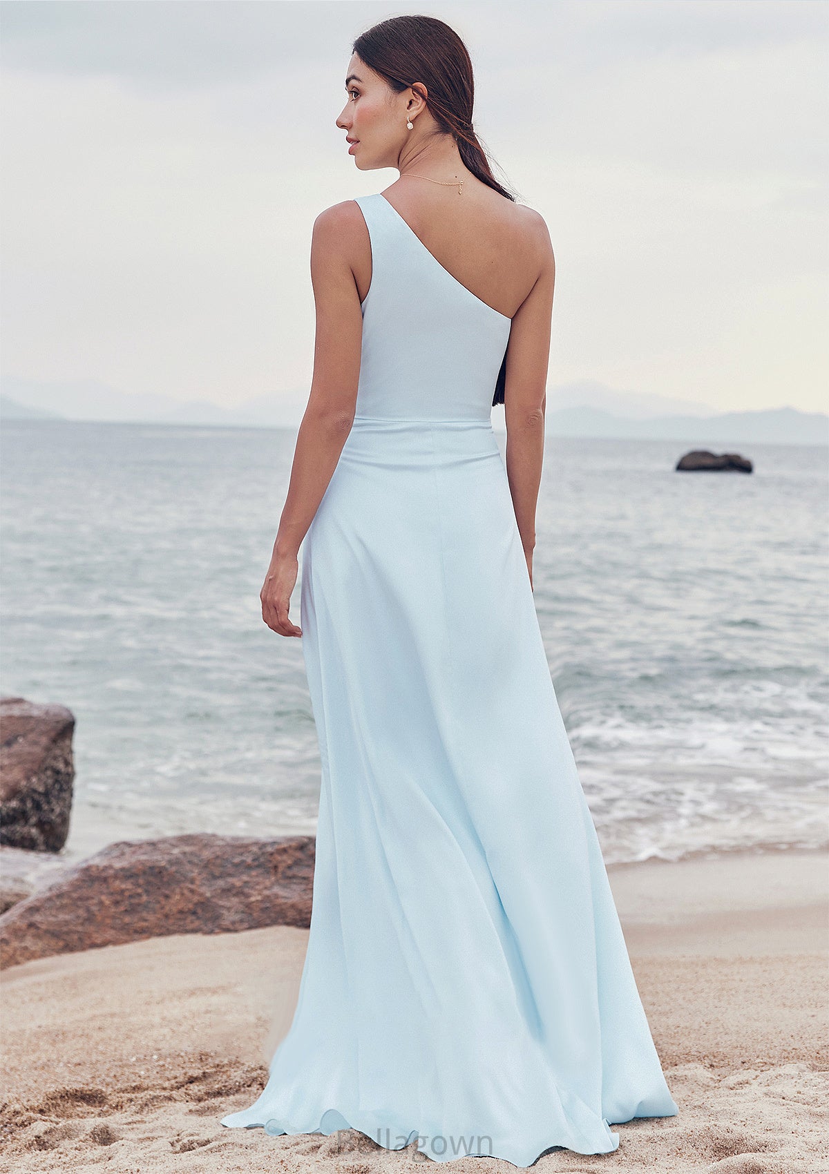 A-line One-Shoulder Sleeveless Floor-Length Stretch Satin Bridesmaid Dresses with Split Erika DNP0025285